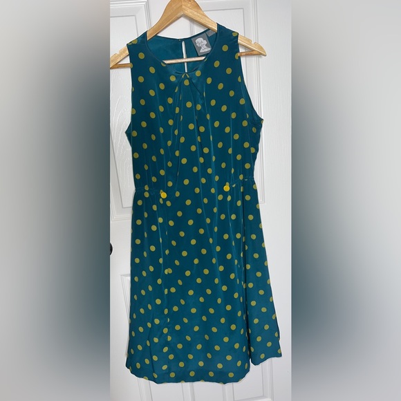 💙 Anthropologie 100% Silk Teal Polka Dot Dress - Picture 3 of 8
